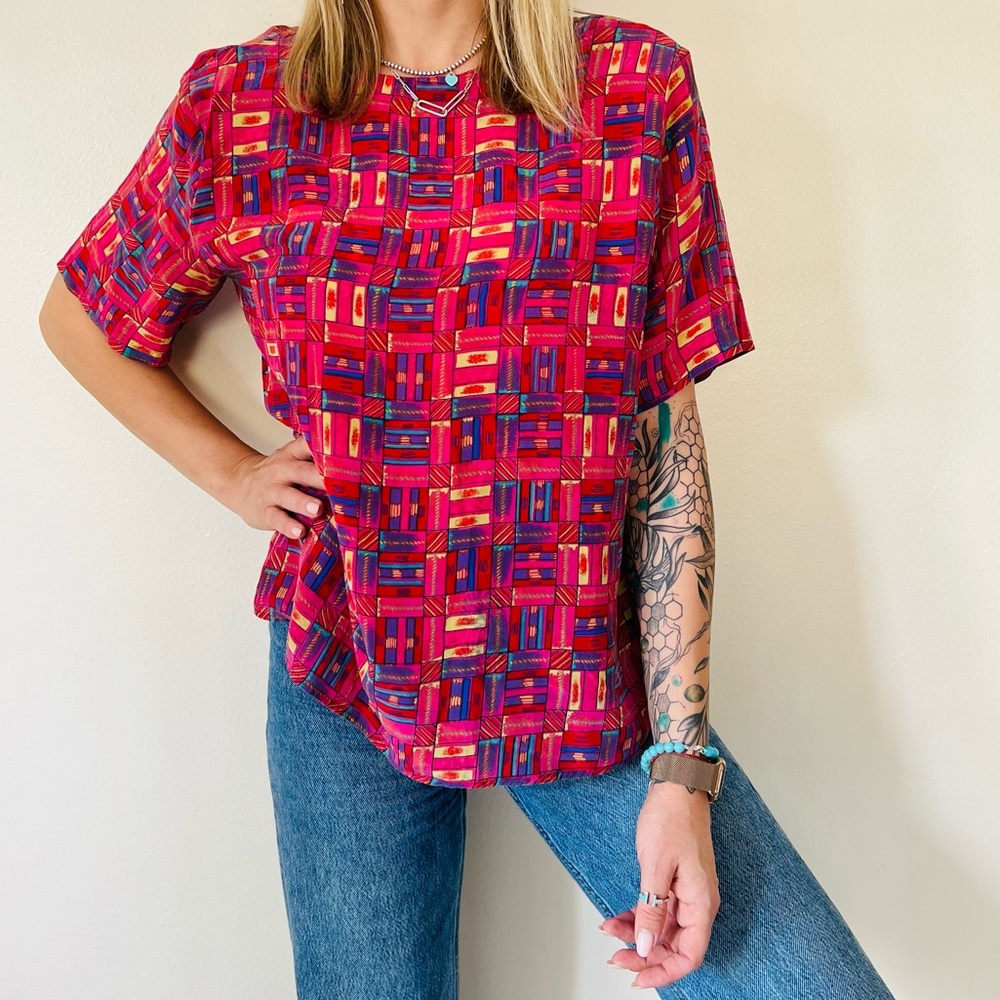 Vintage QUO-SILK Contrast abstract boho Top t-Shirt 100%silk